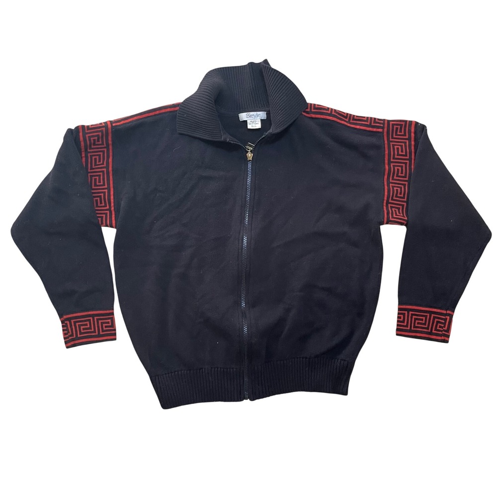 Bleyle Vintage Mens Black Cotton Full Zip Sweater Greek Key Red Trim Size L